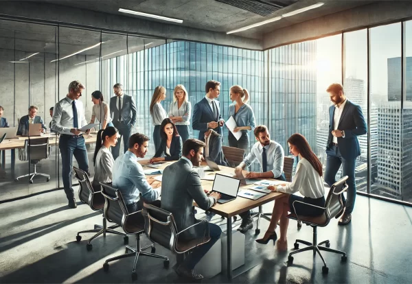 DALL·E 2024-10-14 11.02.26 - A realistic depiction of a corporate team working together in a modern office environment. The image features a diverse group of business professional